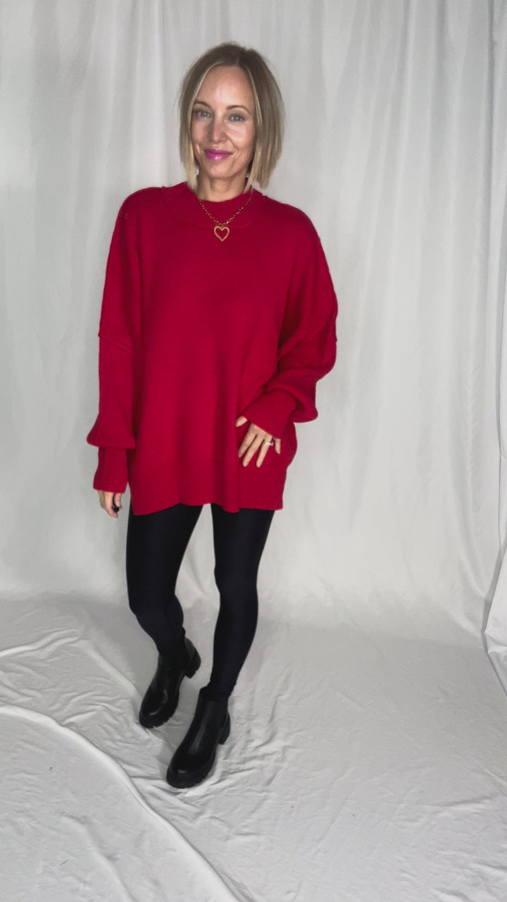 Frosted Pines Oversized Side Slit Sweater- RUBY