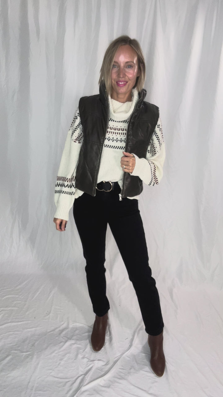 Vivianna Leather Look Puffer Vest- CHARCOAL