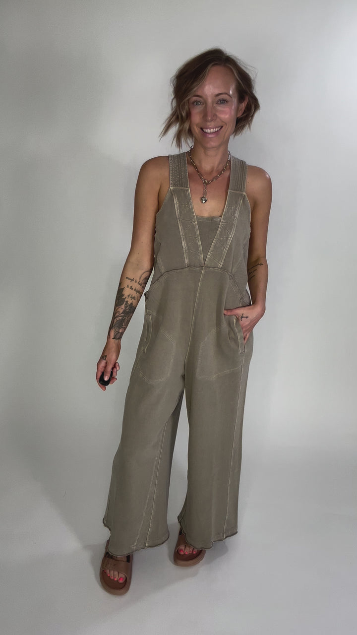 Tasoula Soft Terry Mineral Wash Jumpsuit- TAUPE GREY-FINAL SALE