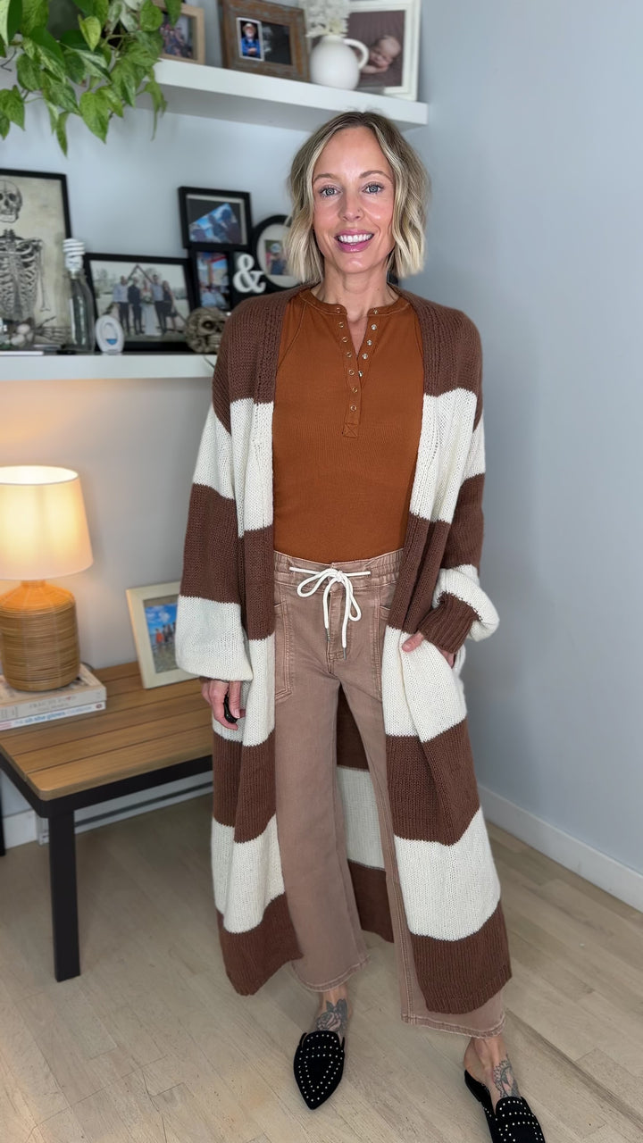 Emma Striped Long Knit Cardigan- BROWN