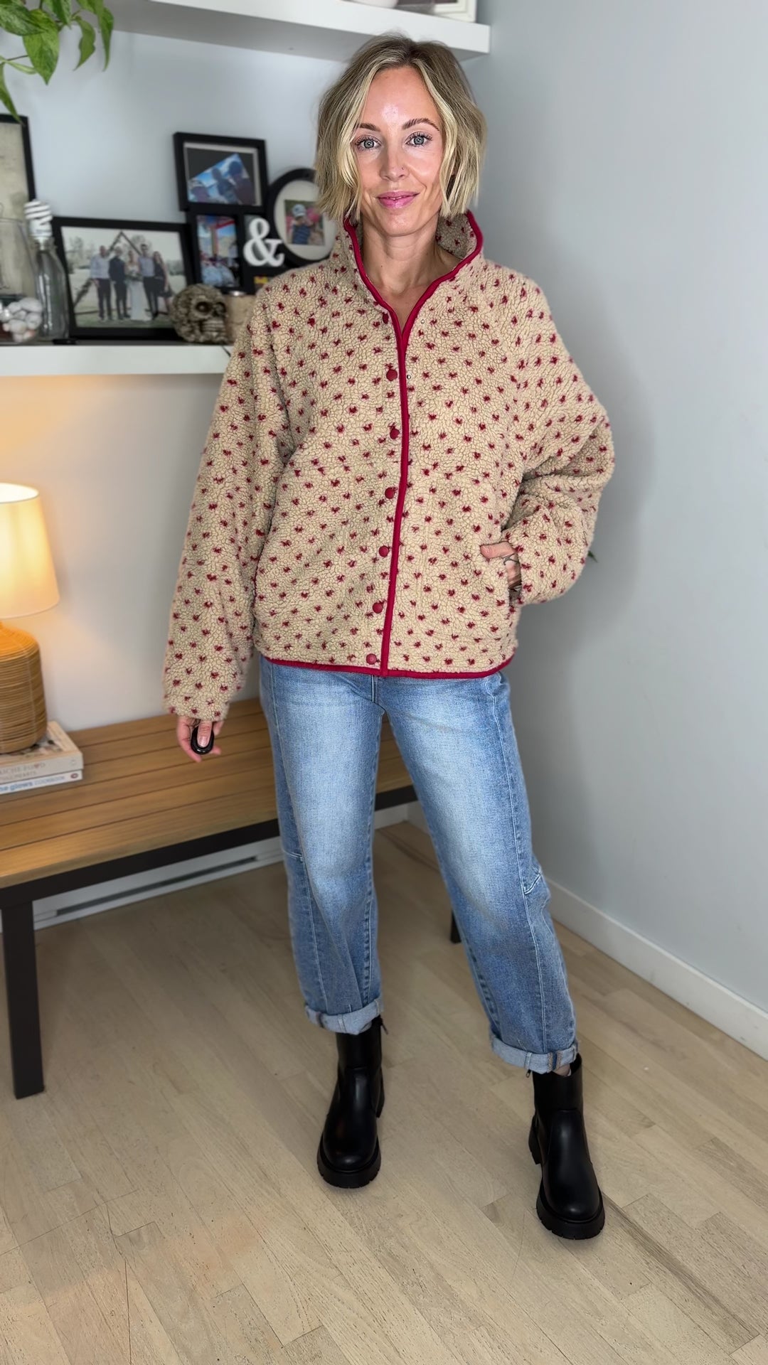 Tia Fleece Jacket- TAUPE/RED
