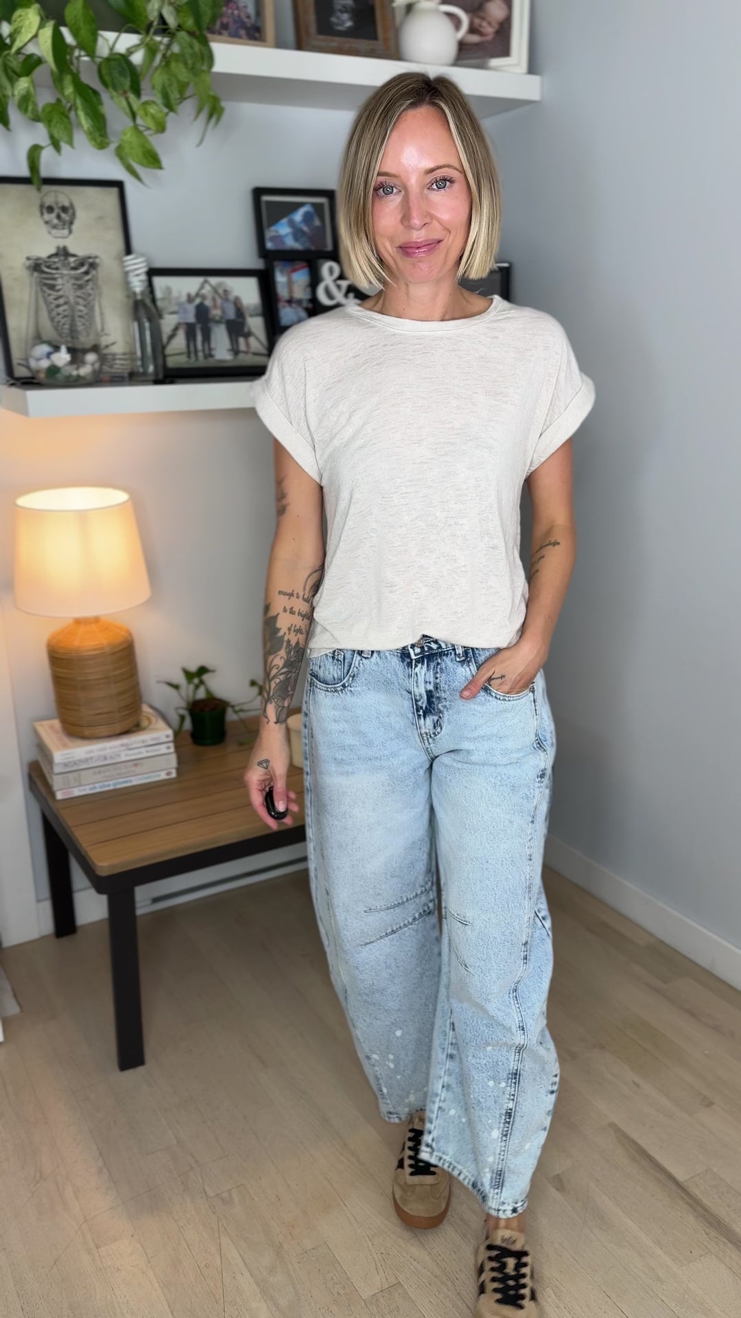 Glowelle Cuff Sleeve Round Neck Tee- NATURAL