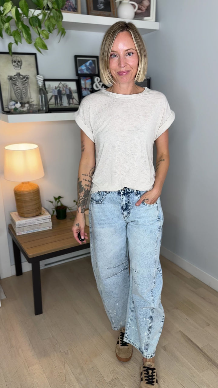 Glowelle Cuff Sleeve Round Neck Tee- NATURAL