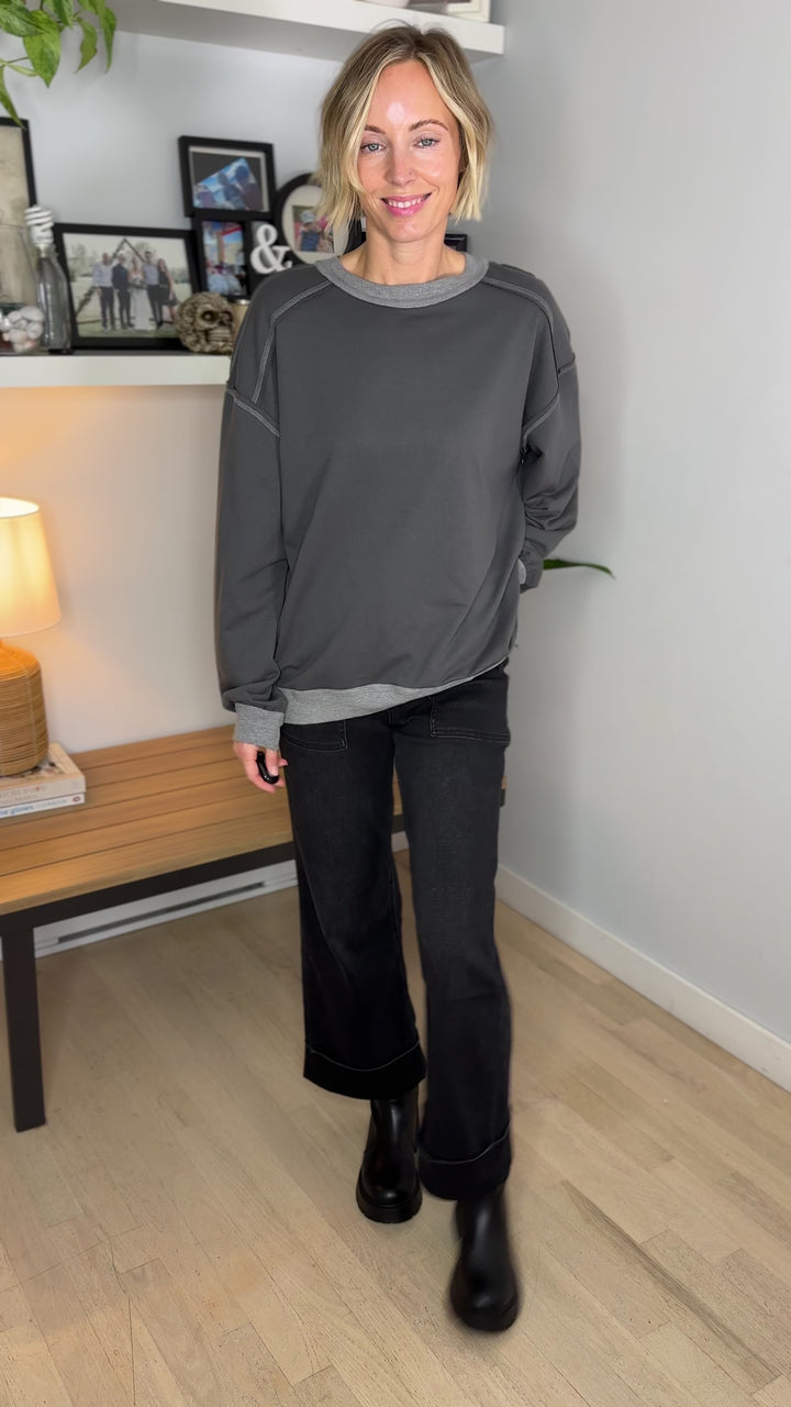 Palina Exposed Seam Contrast Trim Knit Top- CHARCOAL
