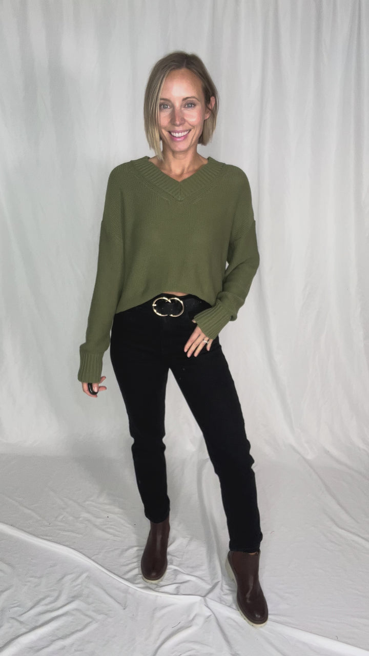 Vienna V-Neck Sweater- OLIVE-FINAL SALE