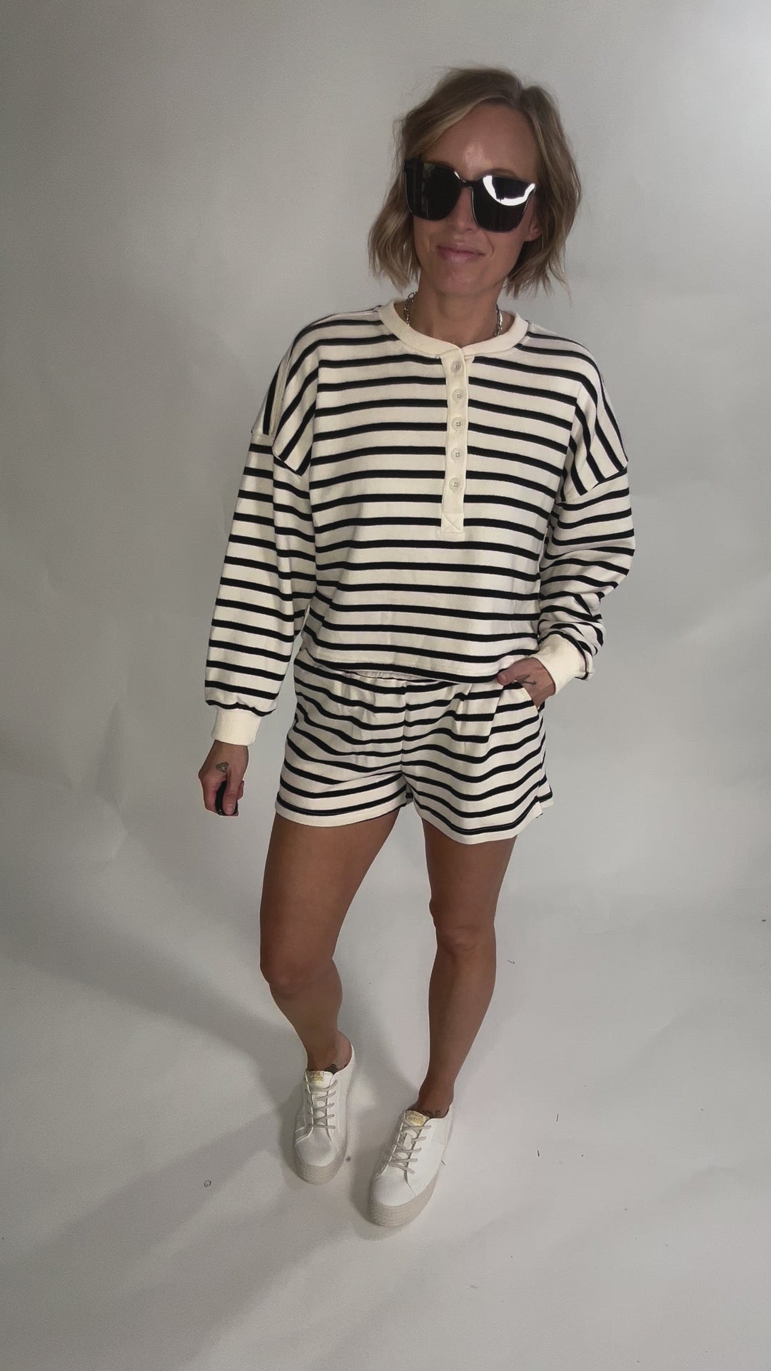 Moana Everyday Stripe Sweatshirt Short Set- IVORY/BLACK-FINAL SALE