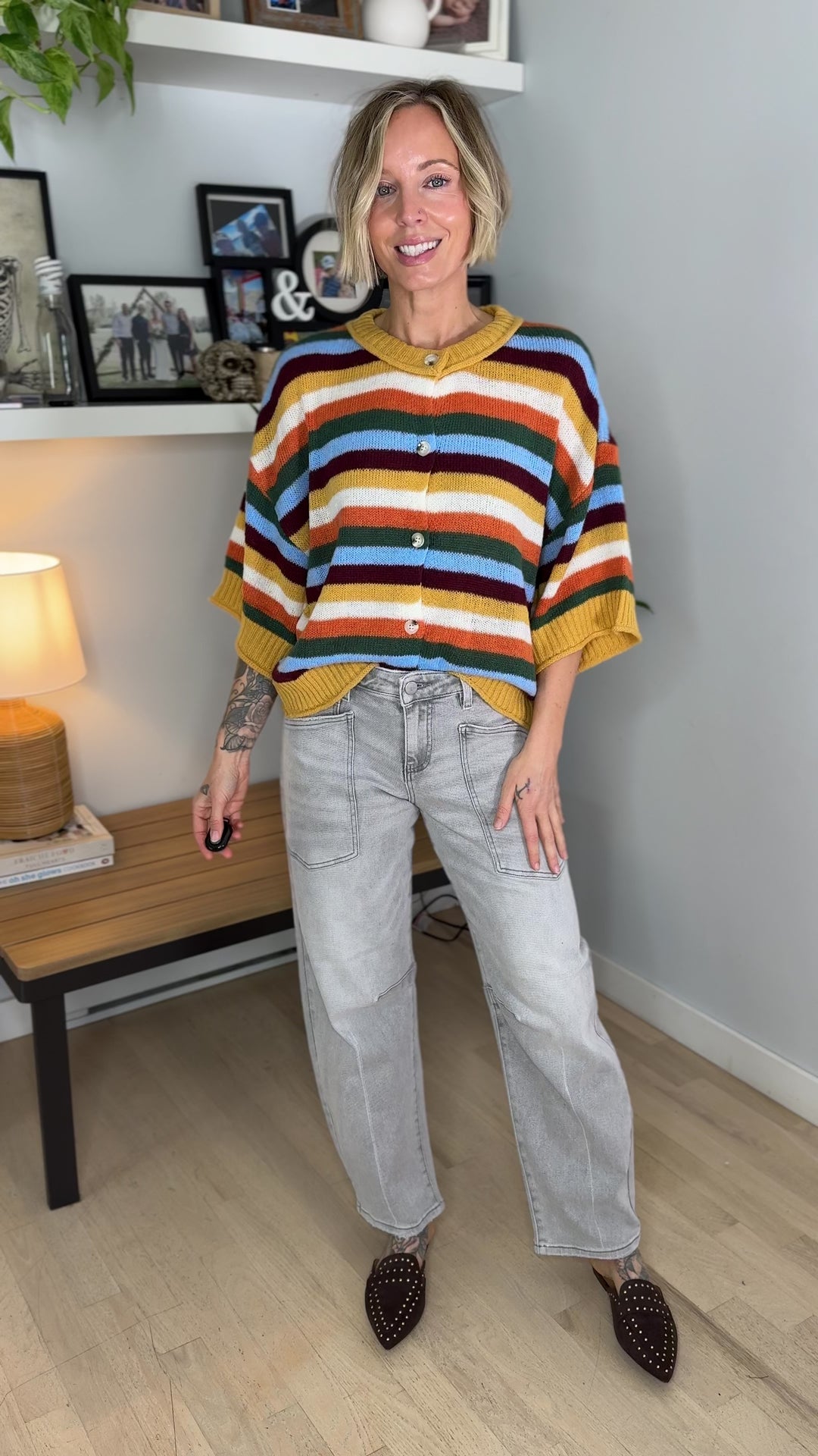 Posy Stripe 1/2 Sleeve Sweater Top- MUSTARD MULTI