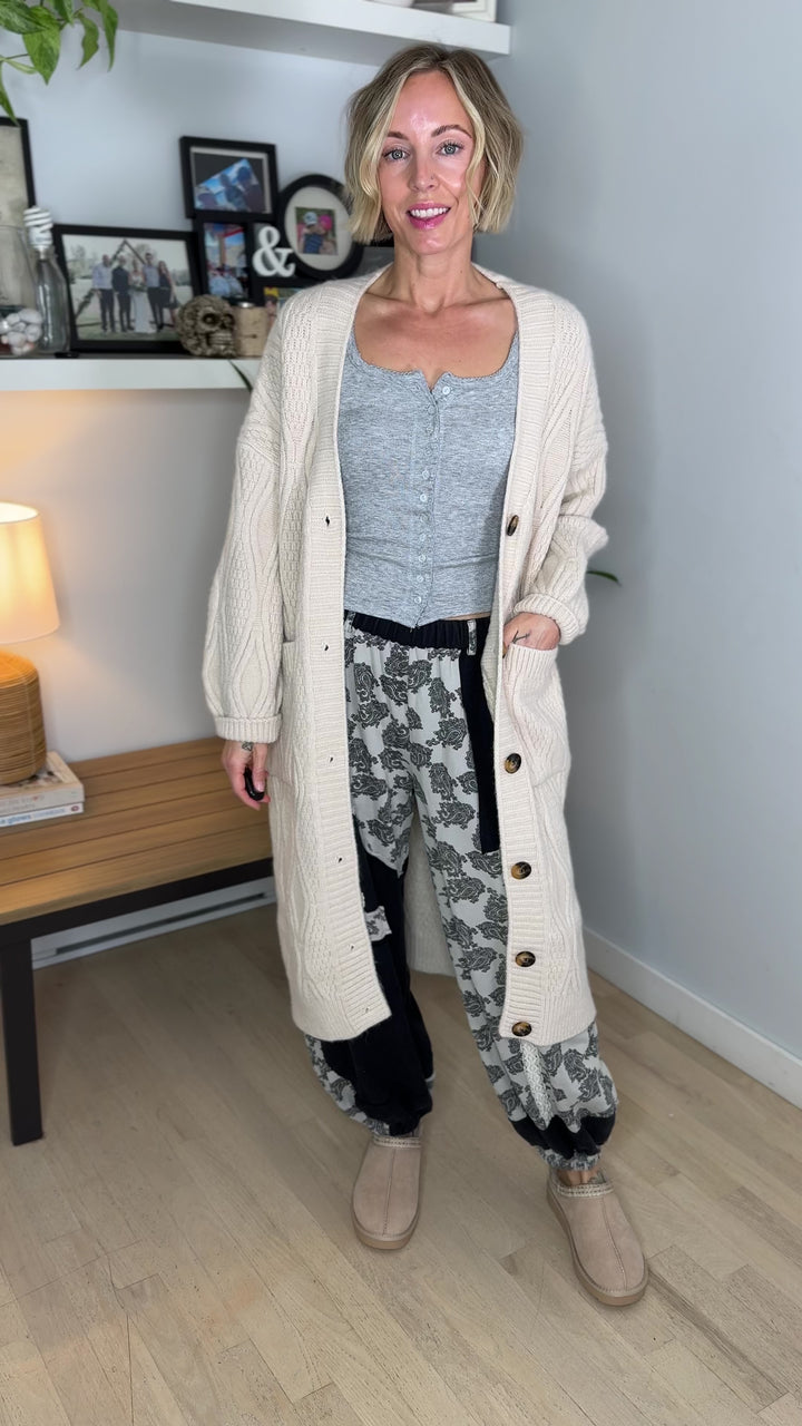 POL Heirloom Cable Knit Cardigan- ALMOND