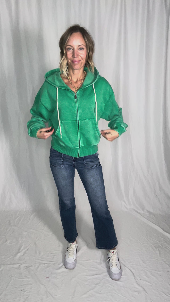 Muse Acid Wash Fleece Zip Up Hoodie- GREEN