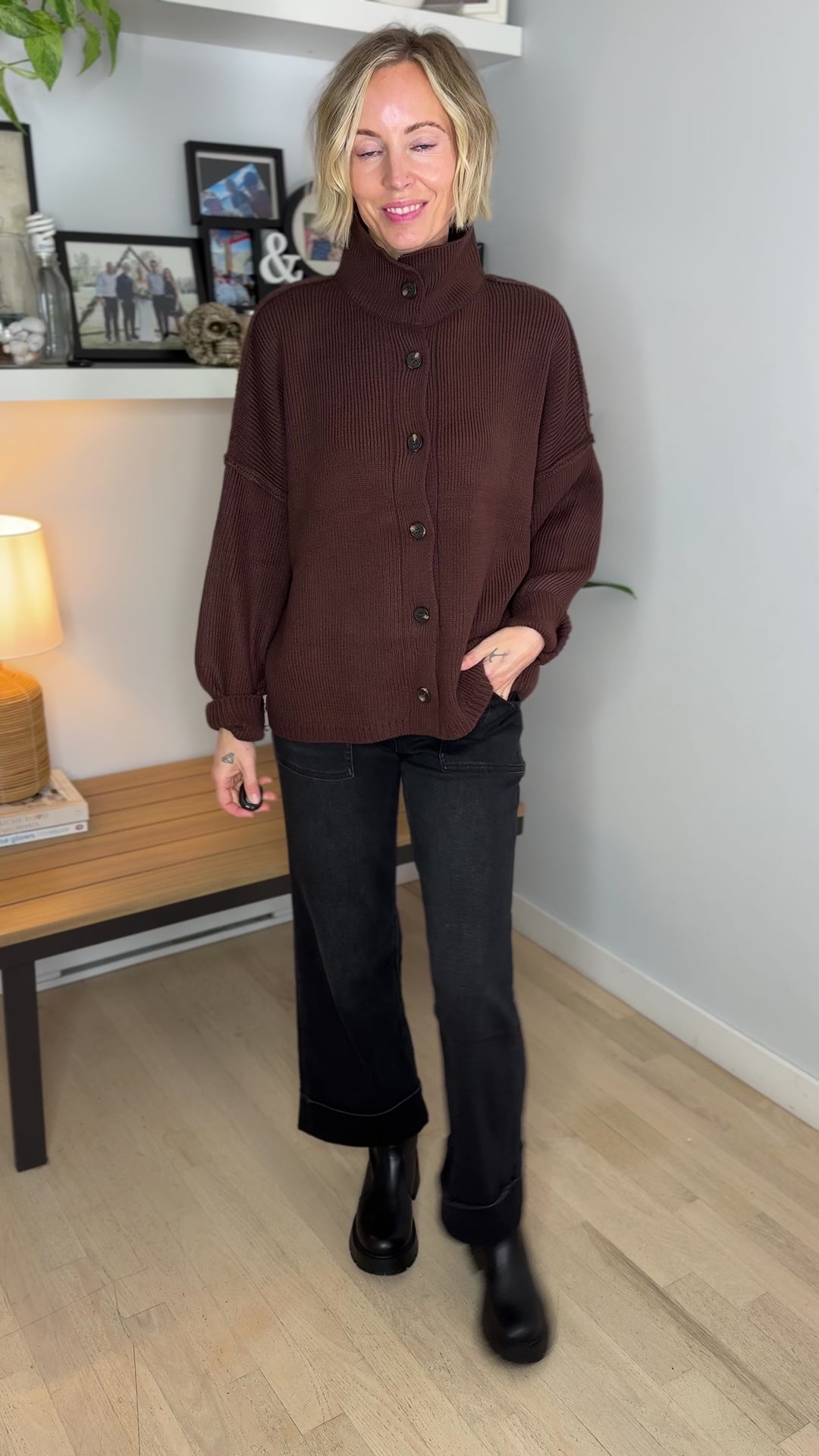 Hearthside Mockneck Knit Button Sweater- DARK BROWN
