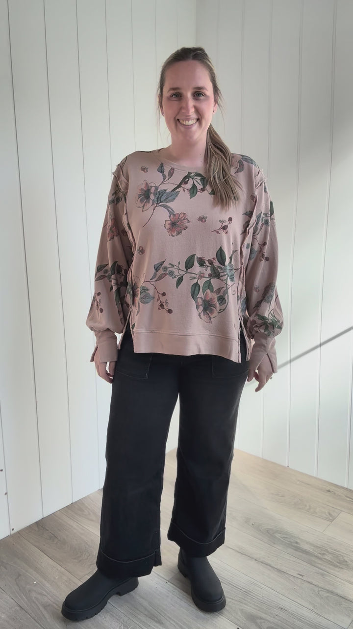 Megs Floral Pullover- ALMOND