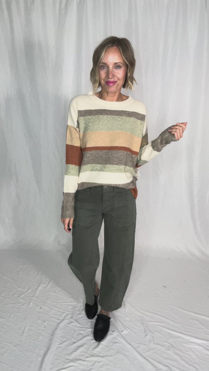 Jamie Colour Block Crew Neck Sweater- MOCHA/TAUPE