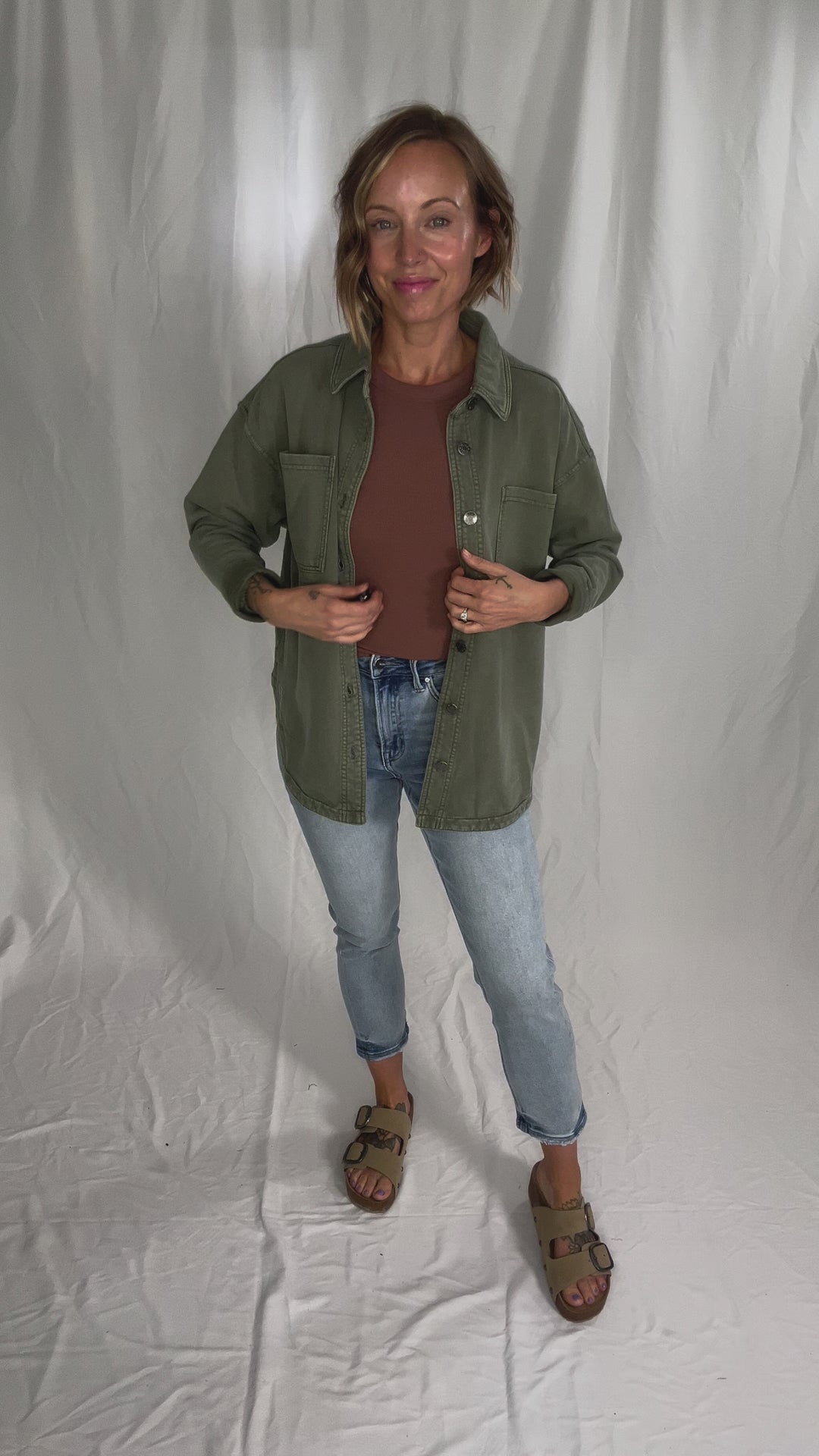 Bethany Washed French Terry Shacket- OLIVE