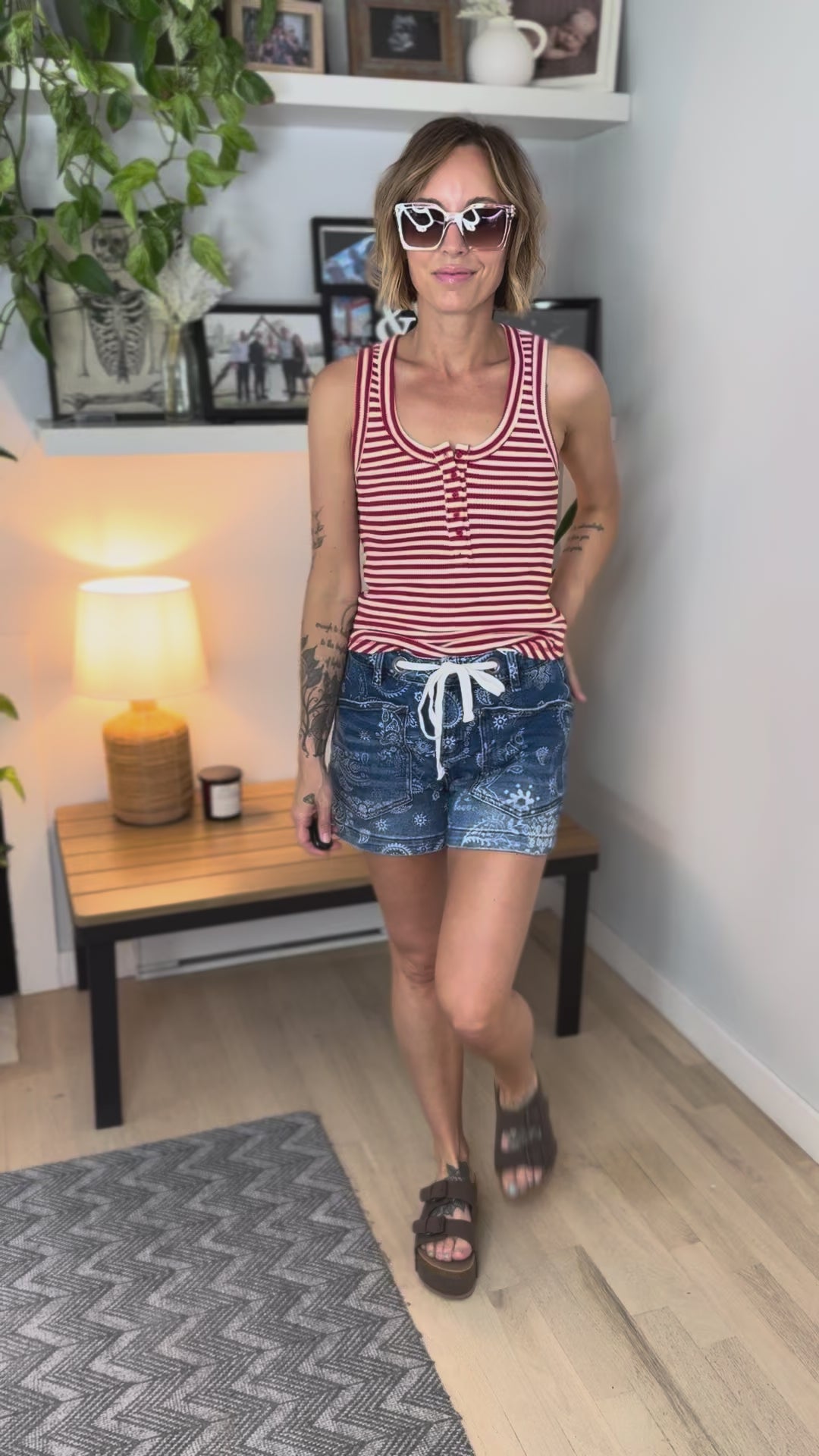 Coastal Charm Waffle Henley Tank- RED STRIPE