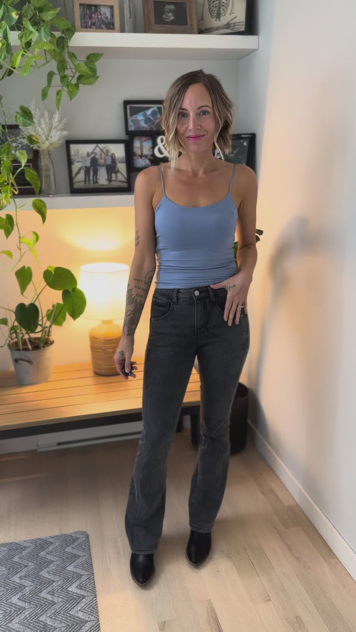 Mica Ria High Rise Bootcut Side Panel Tummy Tuck Jeans- MATTE BLACK