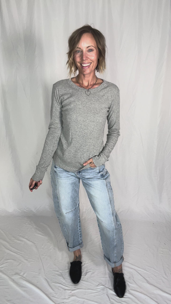 Brenda Ribbed Cotton Long Sleeve- HEATHER GREY