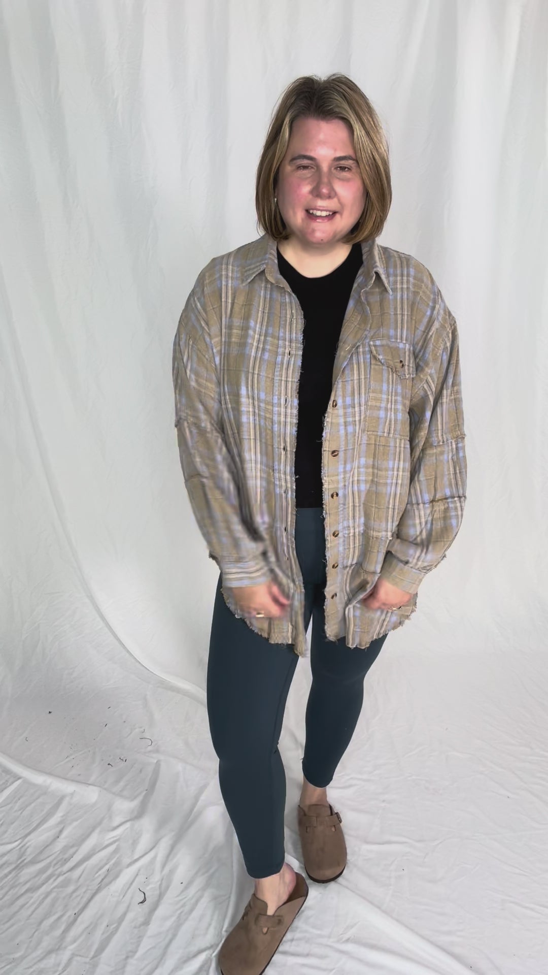 Felix Oversized Plaid Button Shacket- SAGE GREY