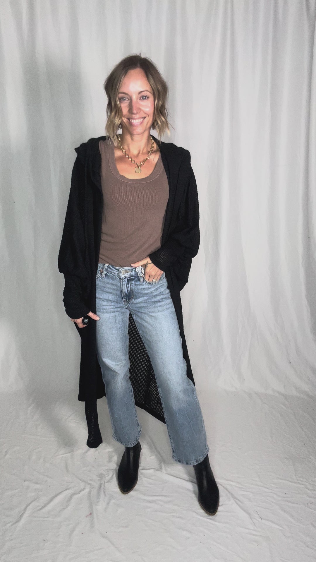 Myah Waffle Duster Cardigan-BLACK