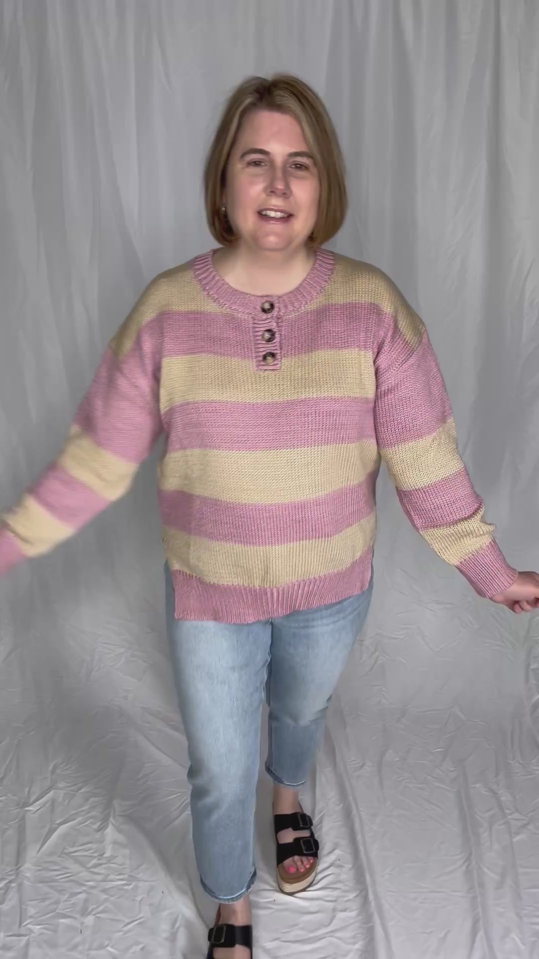 Tracly Striped Button Up Knit Sweater- MAUVE/TAUPE