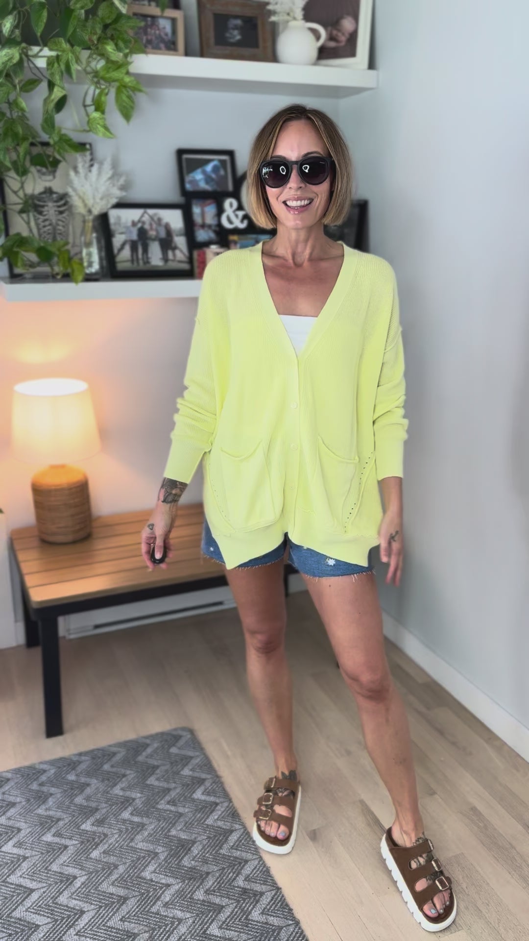 Charm Slouchy Button Cardigan- LEMON LIME