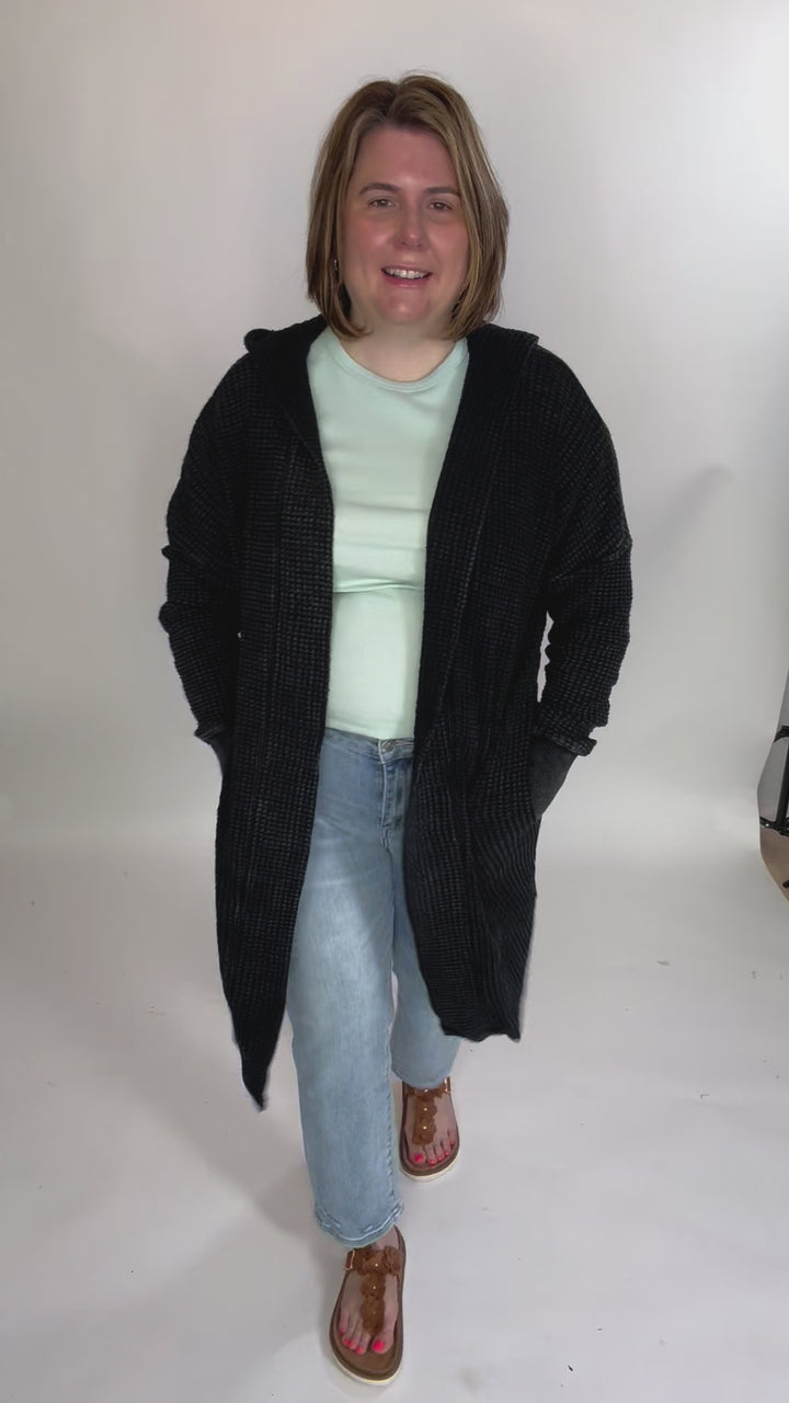 MONO B Freya Chunky Waffle Hooded Cardigan- BLACK