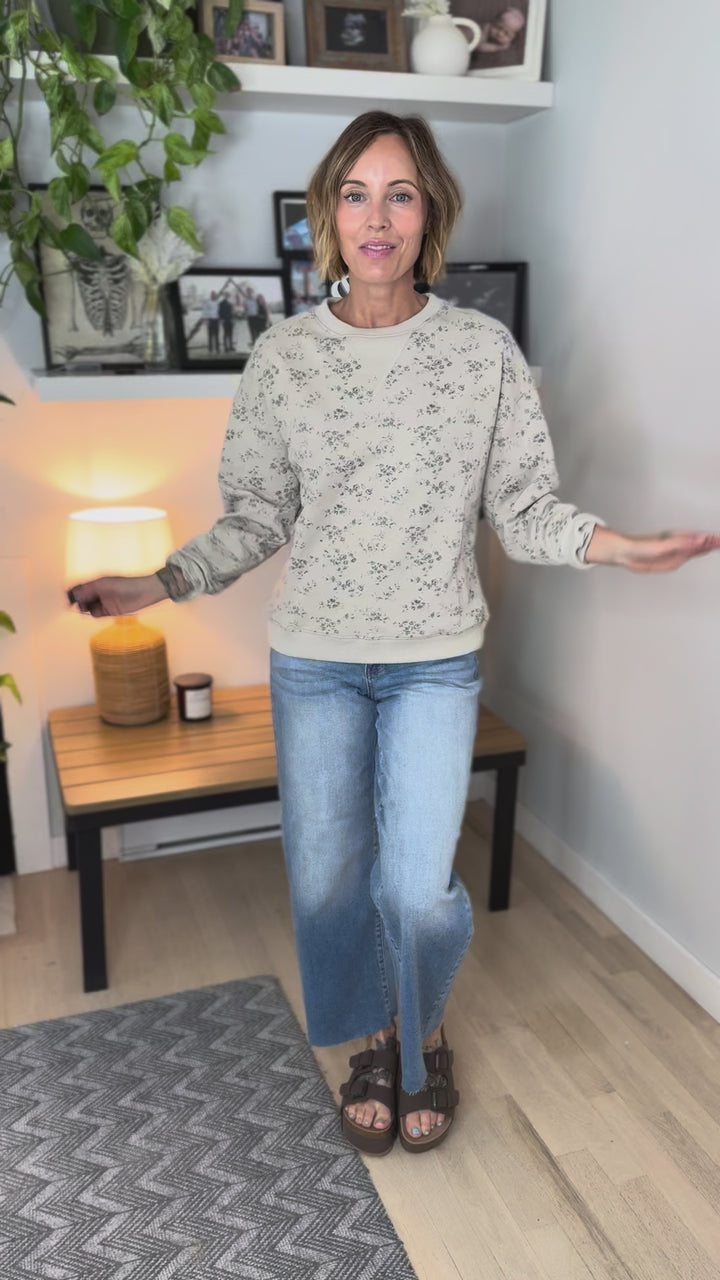 Petal Vintage Ditsy Floral Print Crewneck- OATMEAL