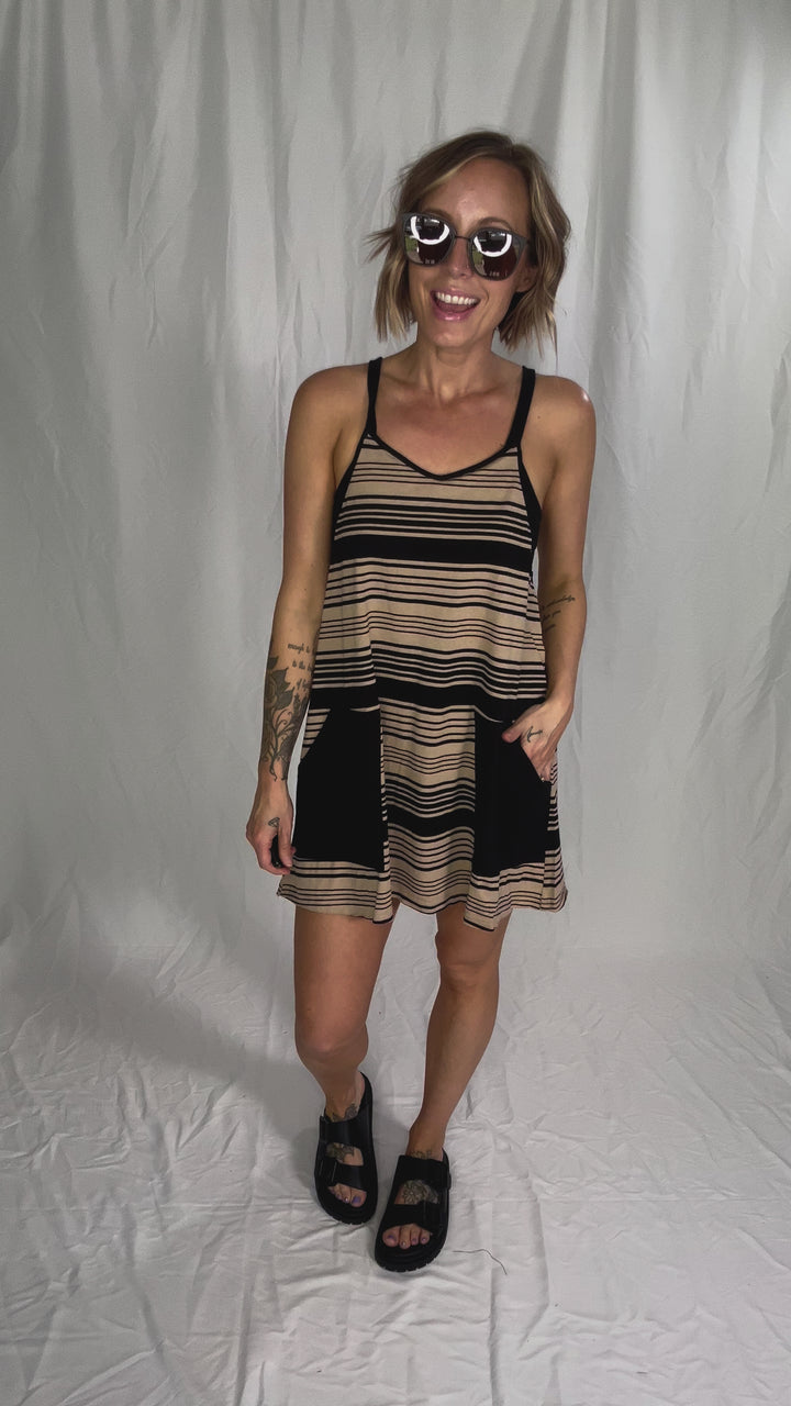 Malika V-Neck Striped Romper Dress- BLACK/MOCHA-FINAL SALE