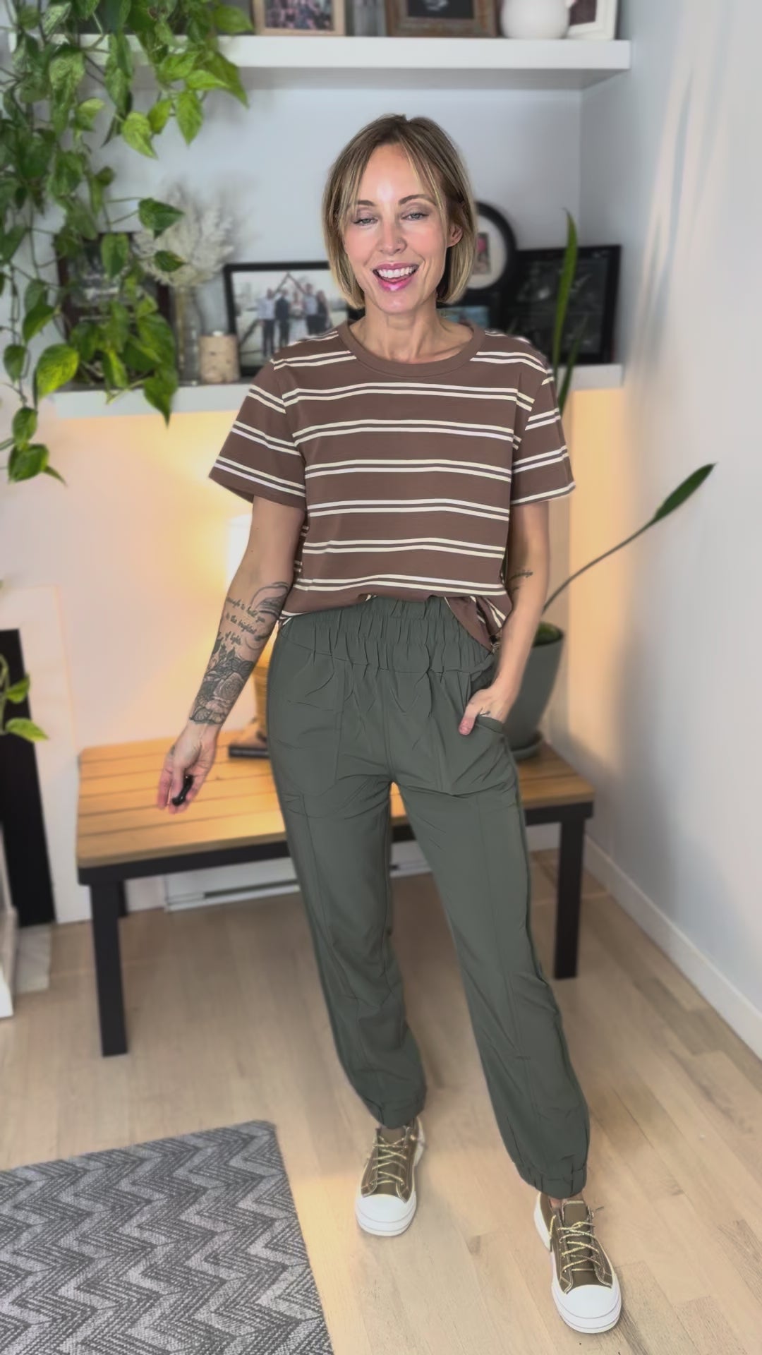 Tae Striped Cotton Blend Tee- BROWN