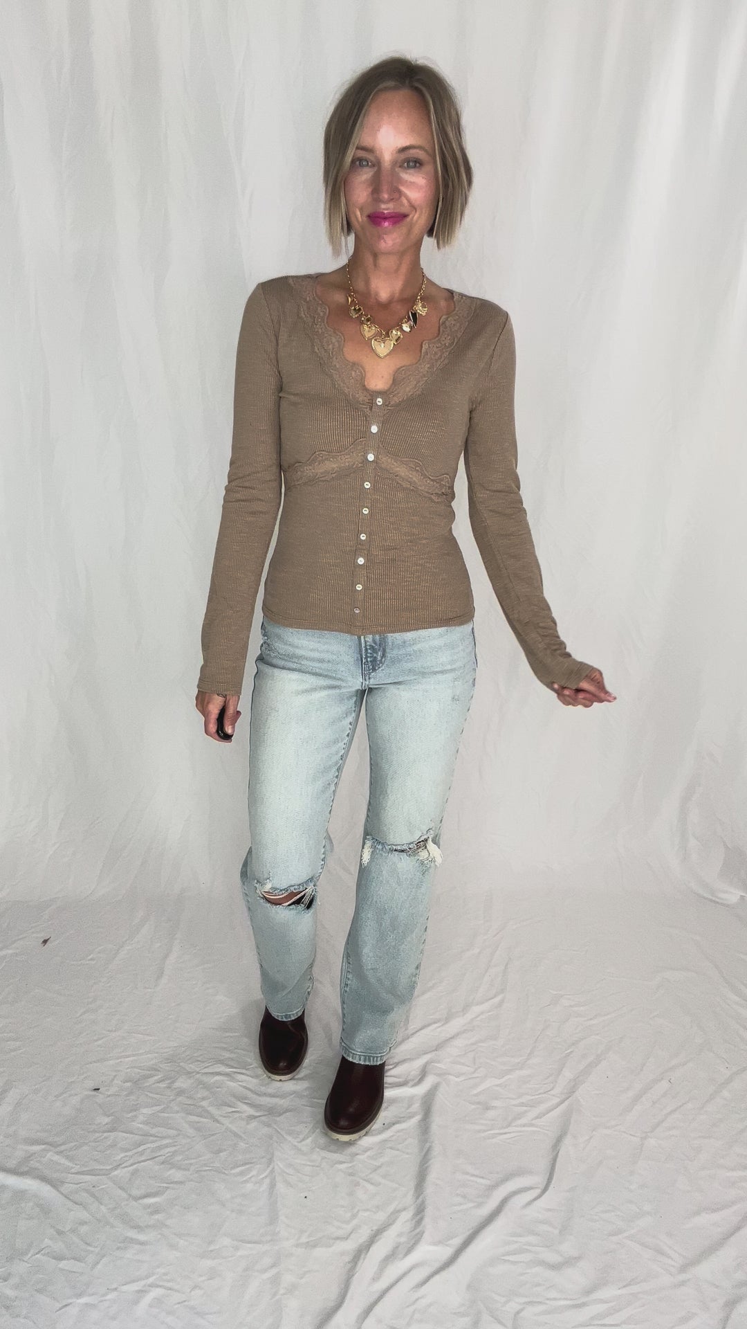 Darla Lace Trim Detail Long Sleeve Rib Top- MOCHA