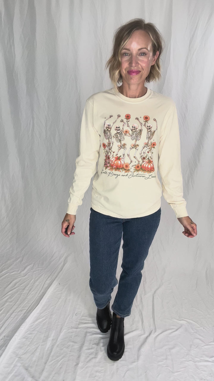 Fall Breeze Dancing Skeletons Graphic Long Sleeve- SAND