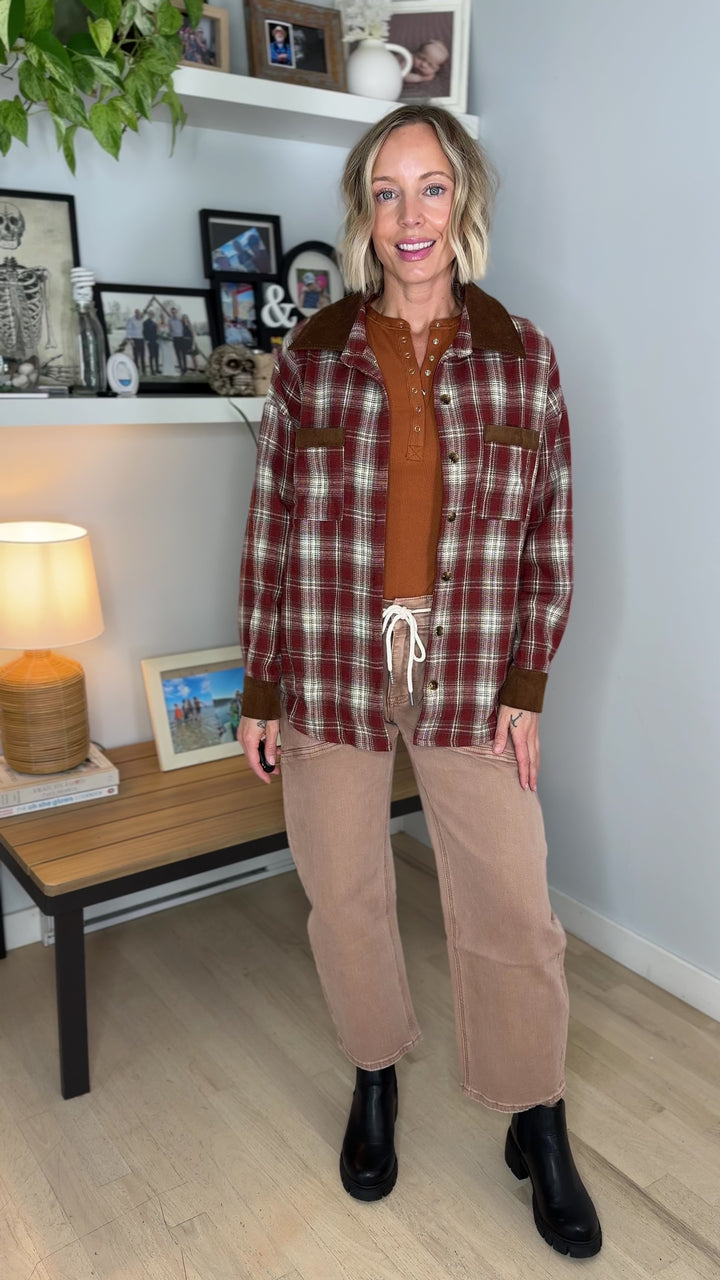 Prairie Collared Patch Pocket Button Down Flannel- BURGUNDY