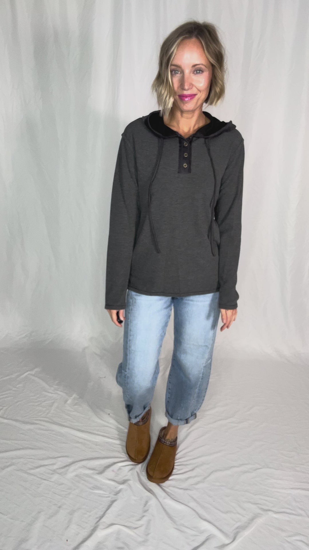 Gina Thermal Button Henley Hoodie- CHARCOAL