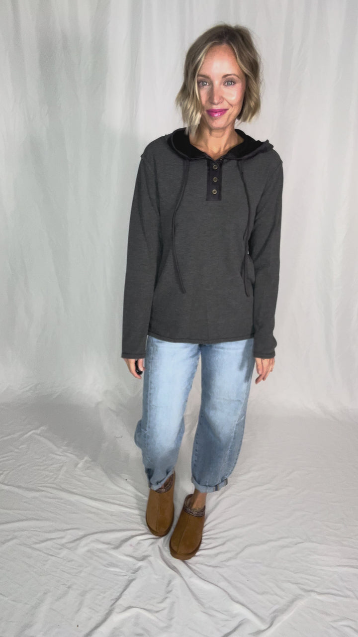 Gina Thermal Button Henley Hoodie- CHARCOAL