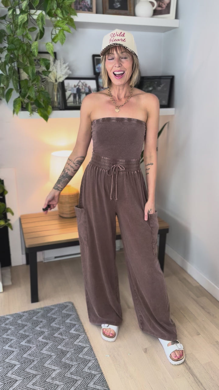 Whitney Strapless Cargo Jumpsuit- CHOCOLATE