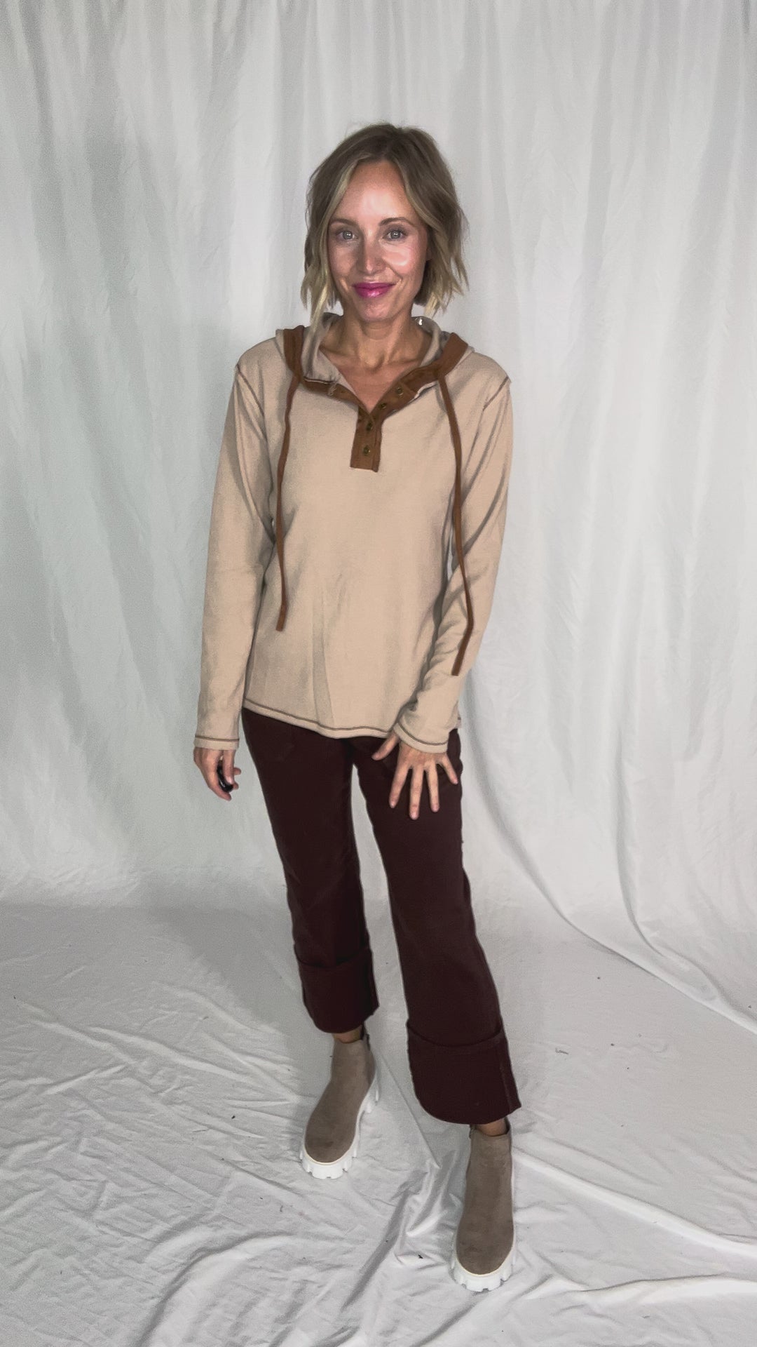 Gina Thermal Button Henley Hoodie- CAMEL
