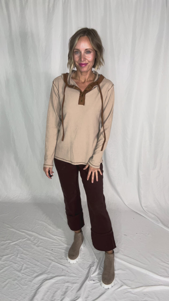 Gina Thermal Button Henley Hoodie- CAMEL