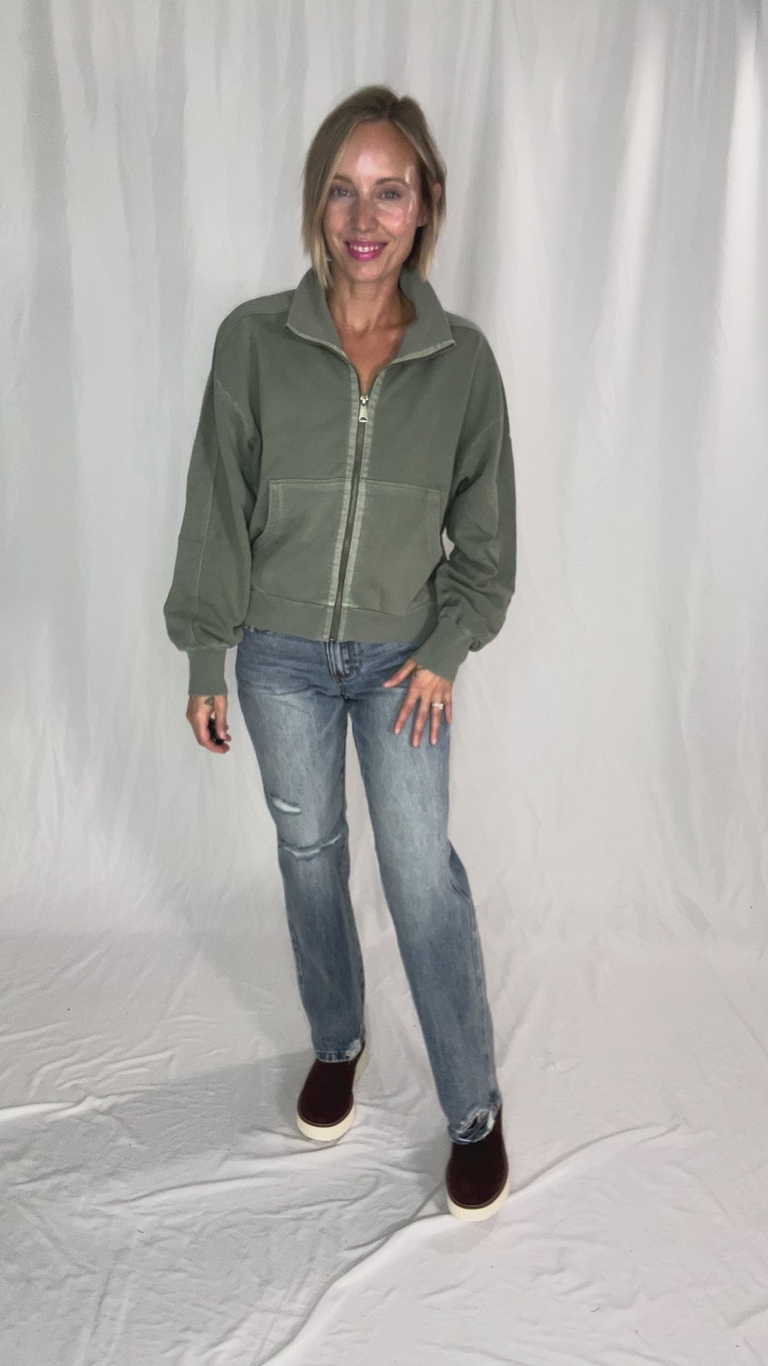 Adeline Cozy Acid Wash High Collar Full Zip- WASHED SAGE