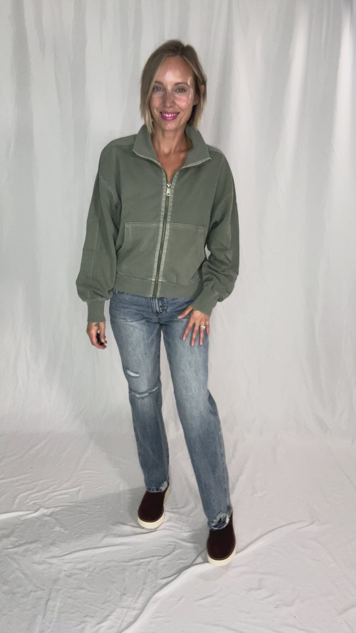 Adeline Cozy Acid Wash High Collar Full Zip- WASHED SAGE