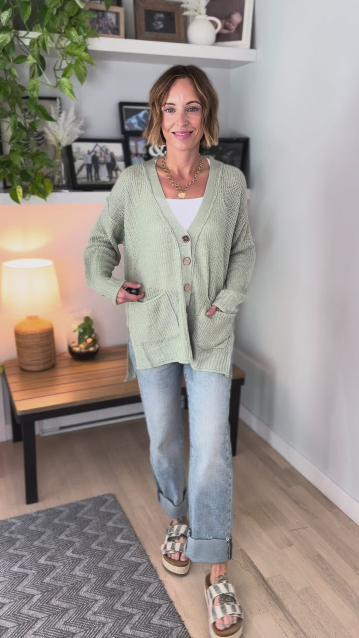 Nessa Button Down Cable Knit Cardigan- SAGE