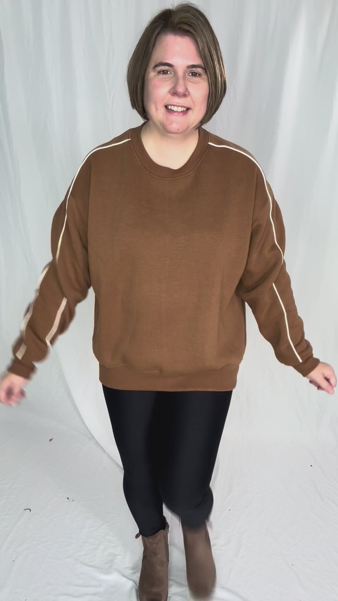 Mono B Kylie Side Stripe Fleece Crewneck- BROWN/IVORY