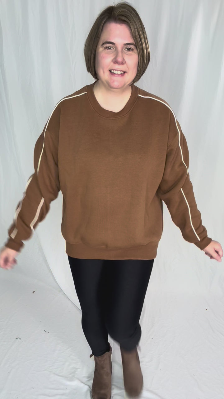 Mono B Kylie Side Stripe Fleece Crewneck- BROWN/IVORY
