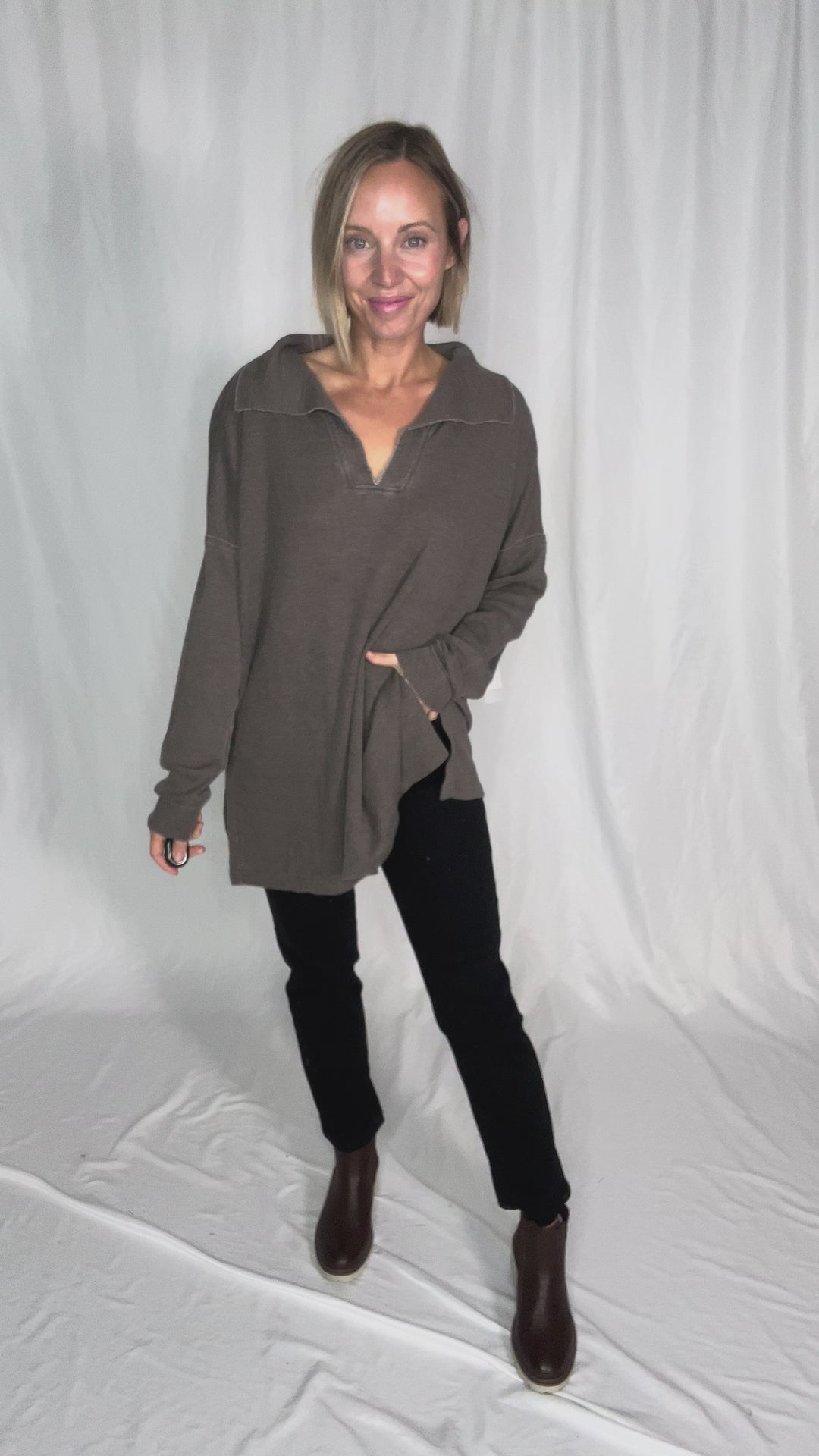 MONO B Arlen Cotton Blend Waffle Knit Oversized Collard Long Sleeve- ESPRESSO
