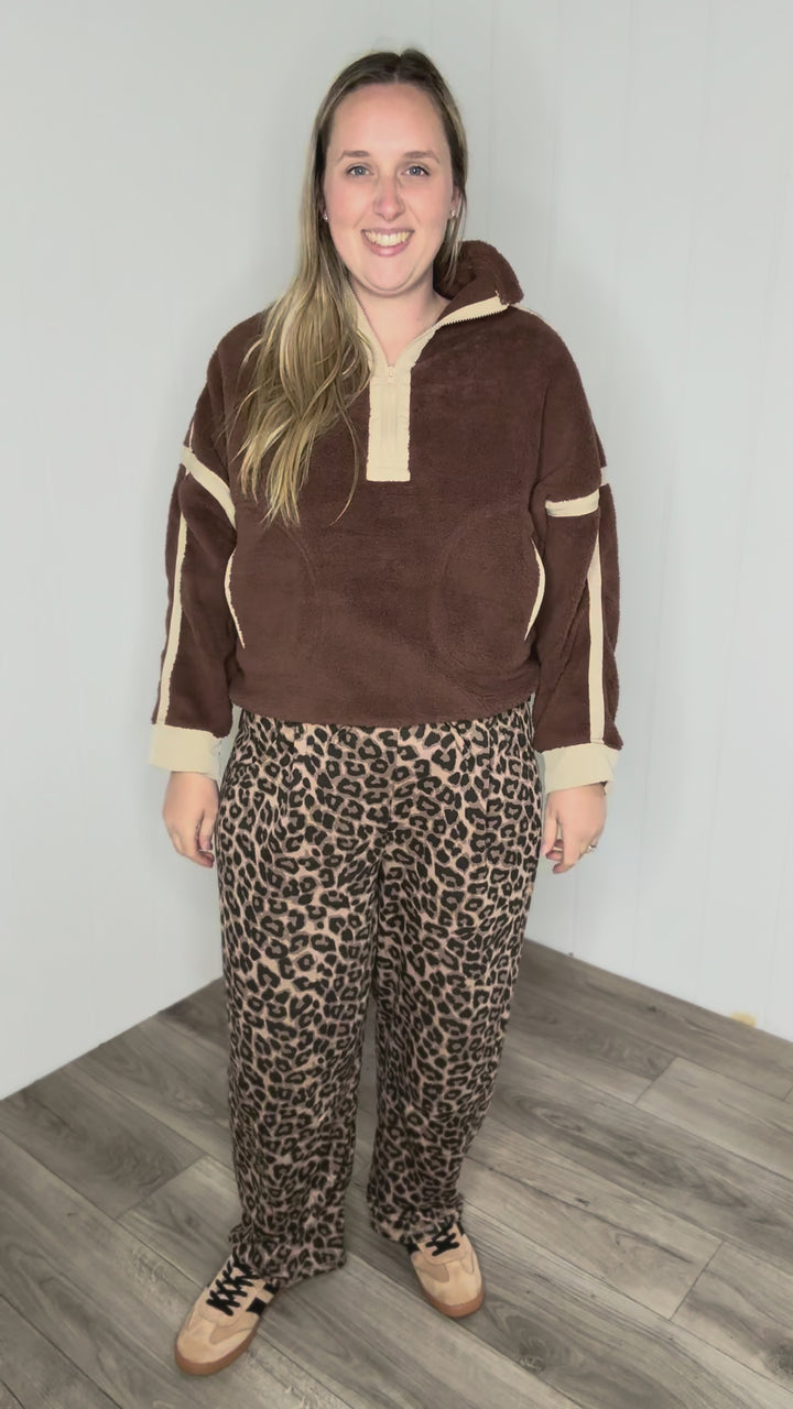 Justina Half Zip Sherpa Fleece Pullover- BROWN