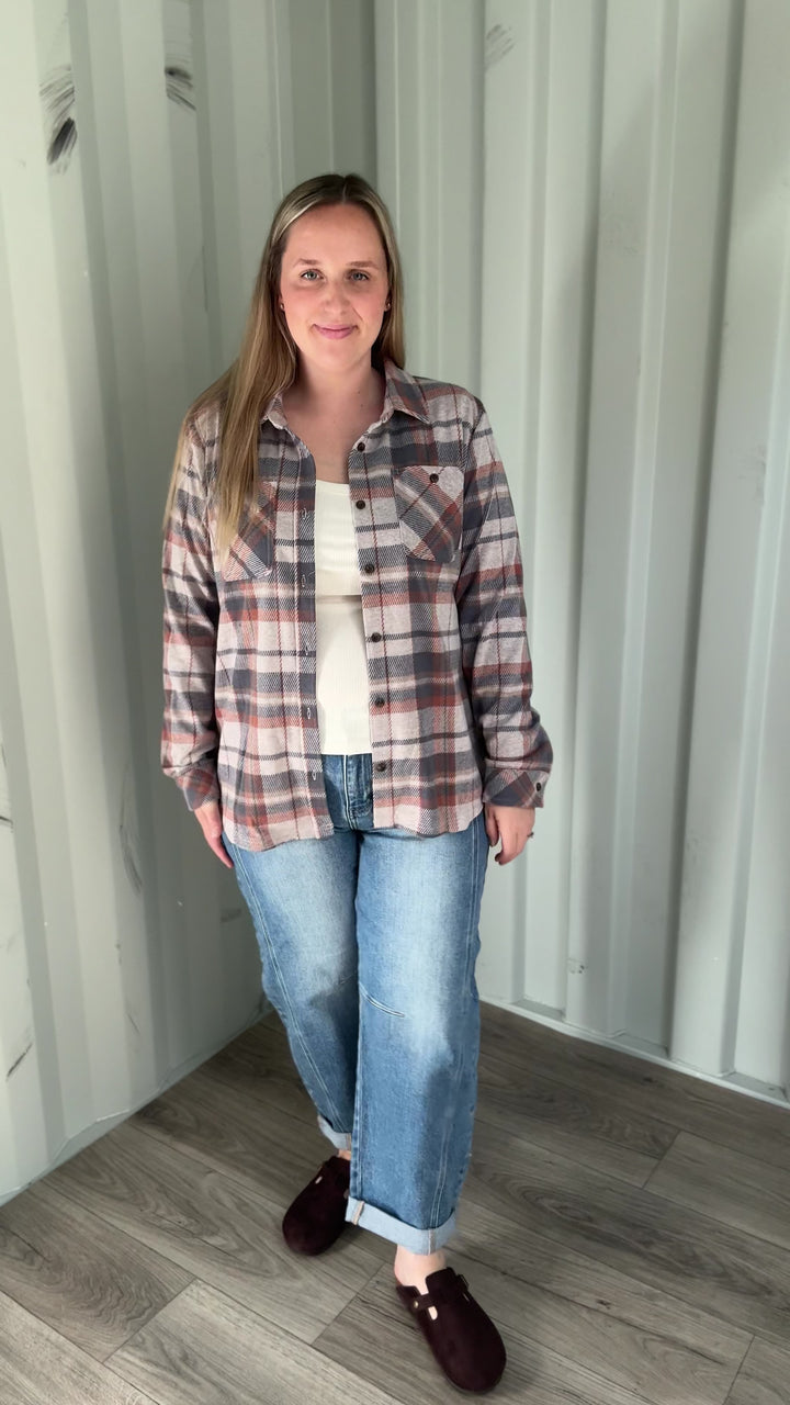 Arabella Plaid Button Up Shacket- DUSTY BLUE/ BIRCH & TAN
