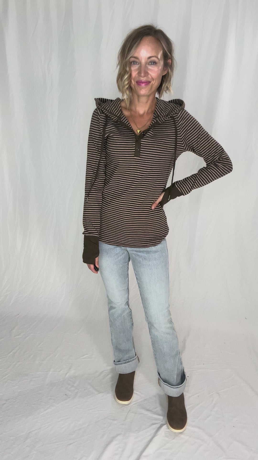Juniper Henley Ribbed Hooded Top- OLIVE