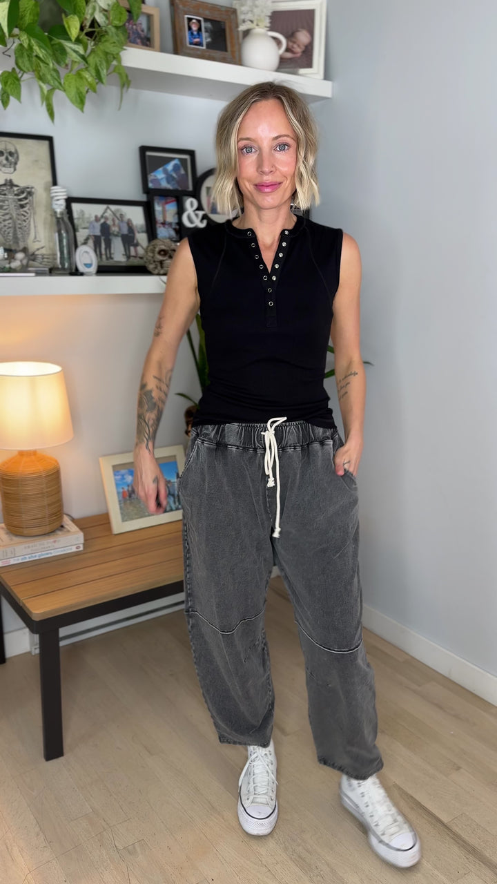 Mono B Sierra Mineral Wash Stretch Cotton Barrel Pant- BLACK