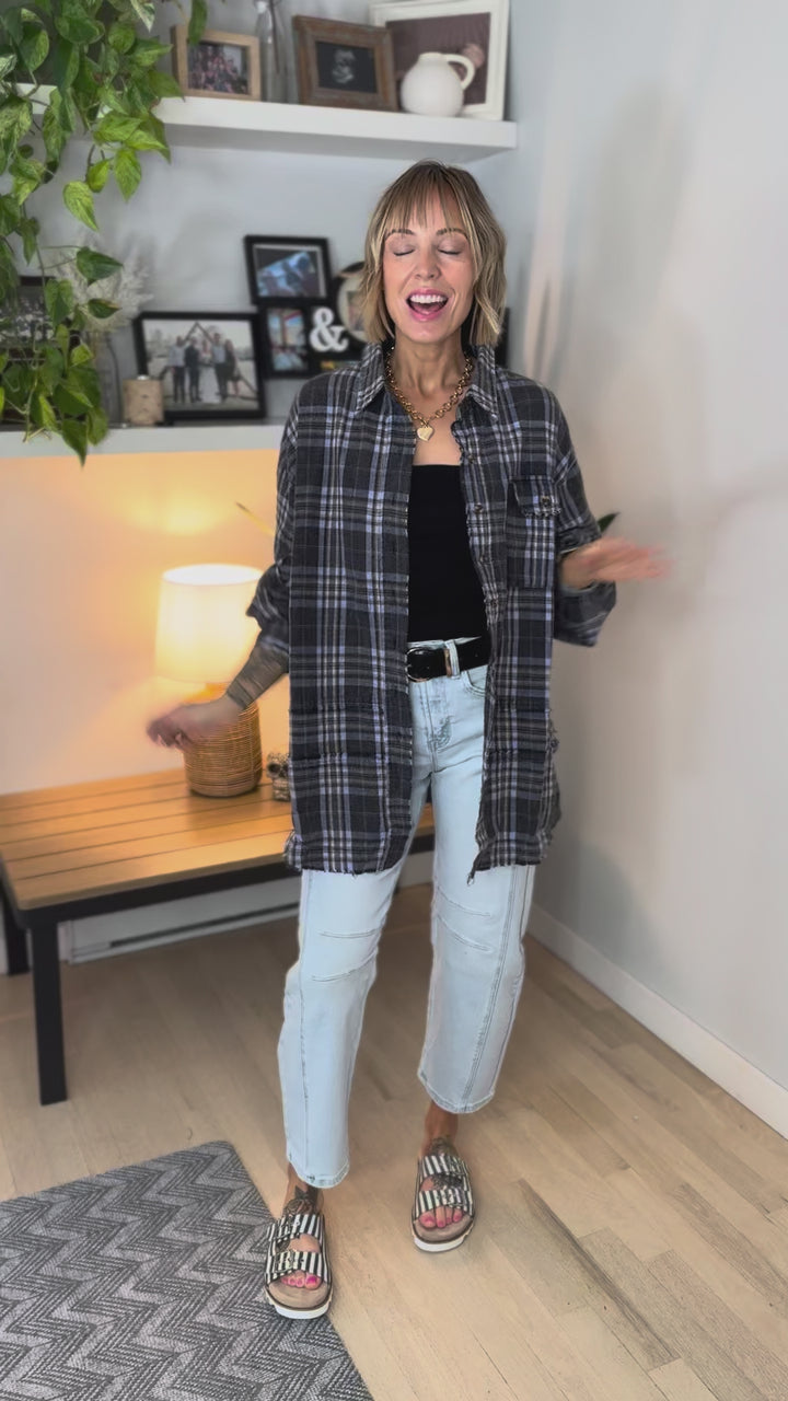Fenton Oversized Plaid Button Shacket- NAVY