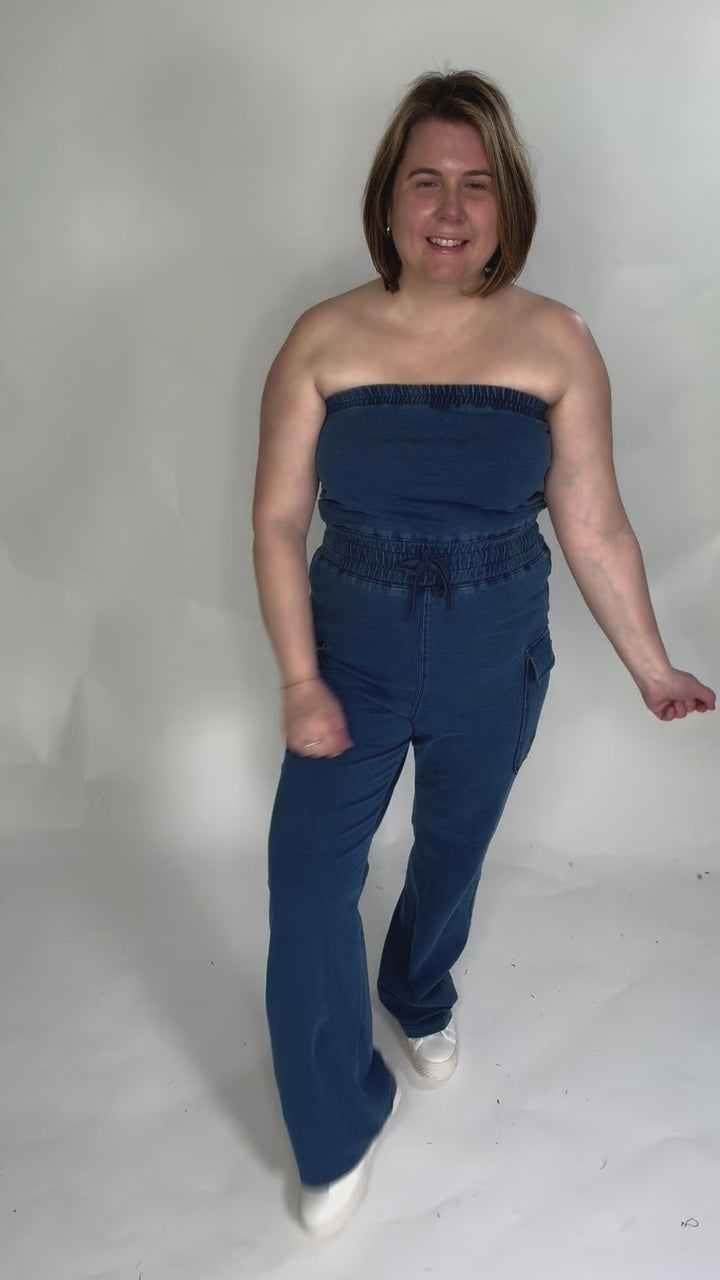 Luna Washed Strapless Banding Cargo Jumpsuit- MEDIUM BLUE-FINAL SALE
