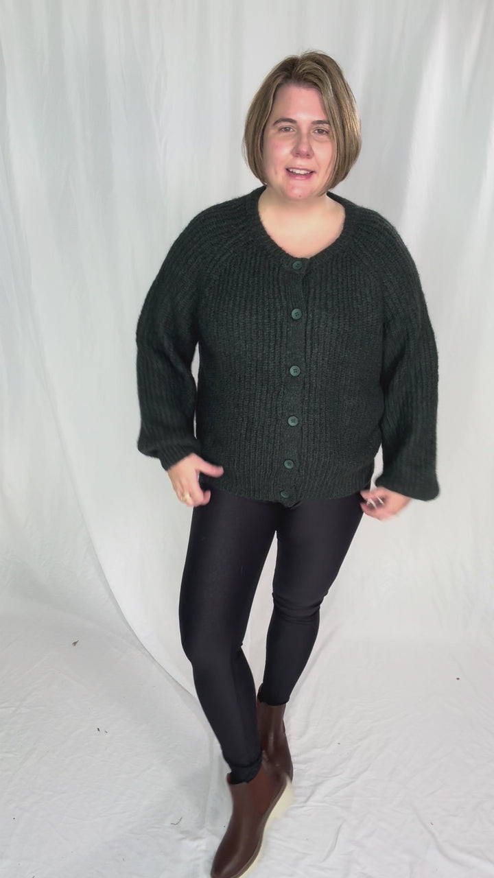 Krystle Button Cardigan- EVERGREEN