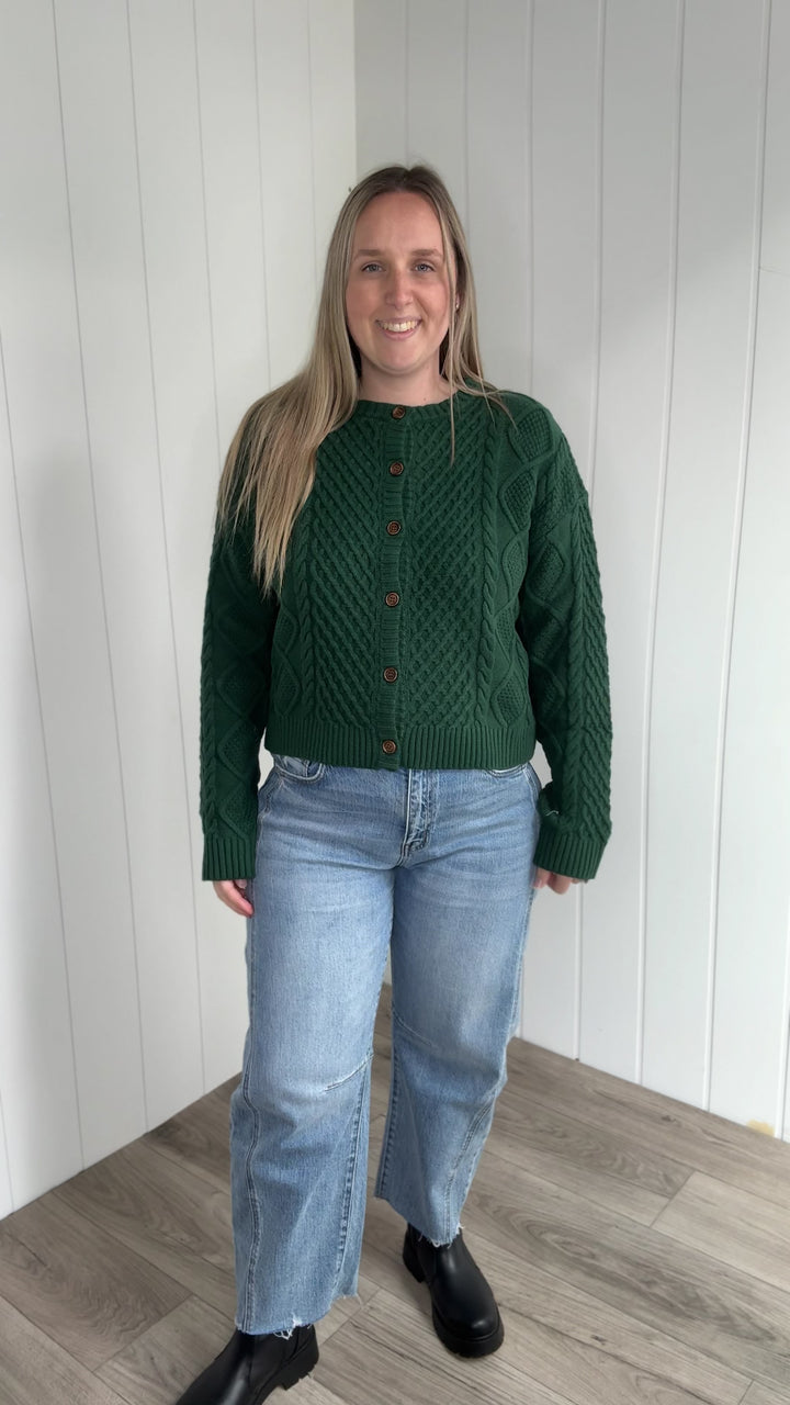 Claire Cable Knit Button Sweater- GREEN